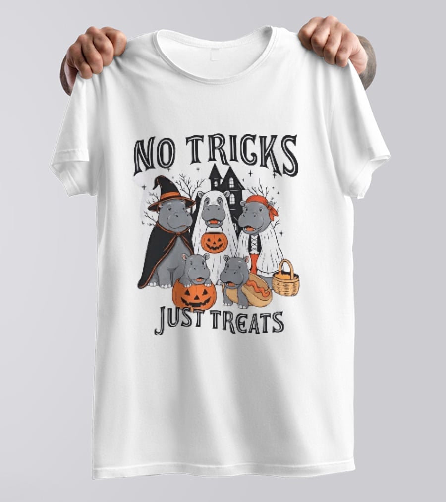 No Tricks Just Treats Hippos With Pumpkins Halloween Costumes T-Shirt