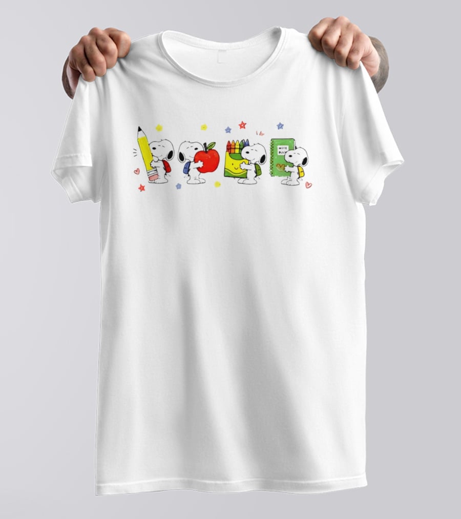 Peanuts Snoopy Cartoon Characters With School Supplies Pencil Apple Crayons Notebook T-Shirt