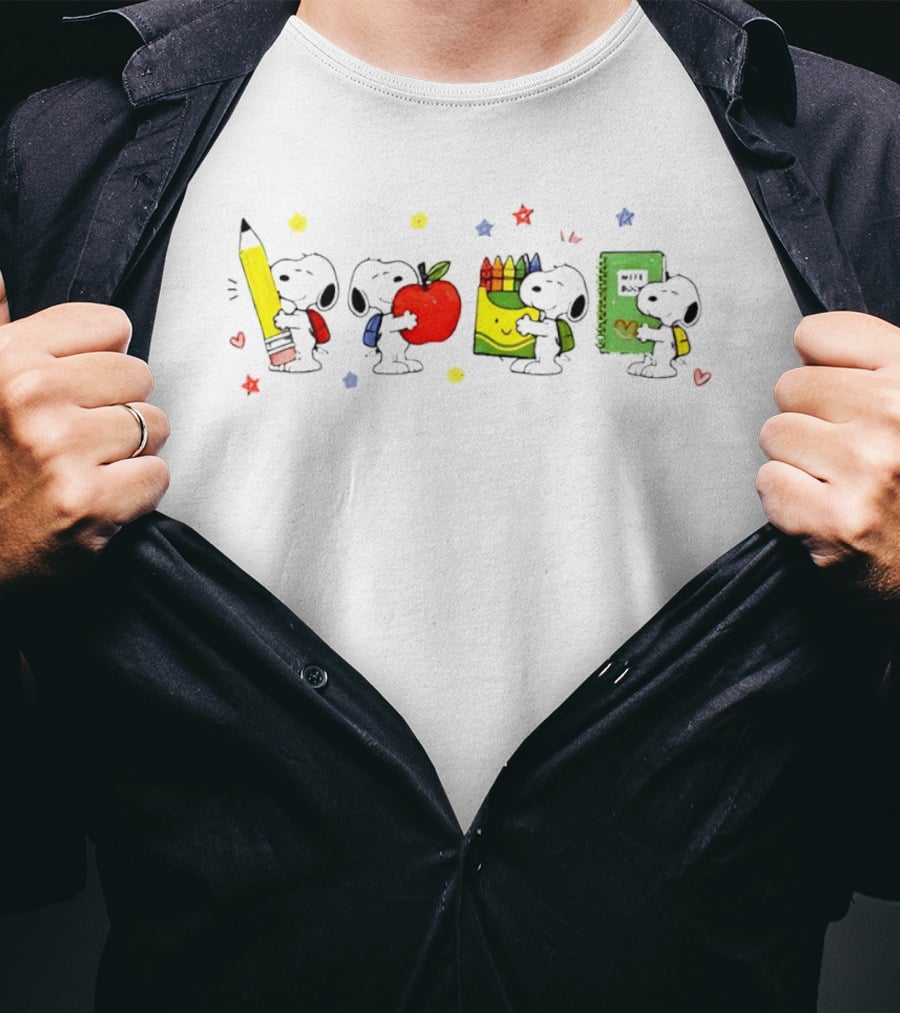 Peanuts Snoopy Cartoon Characters With School Supplies Pencil Apple Crayons Notebook T-Shirt