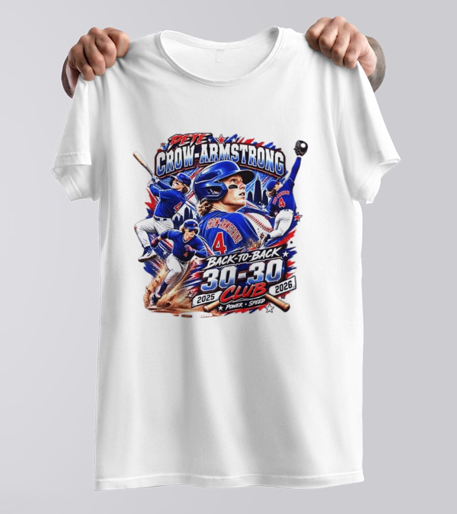 Pete Crow Armstrong Back To Back 30 30 Club 2025 2026 Power Speed Chicago Baseball Action Skyline T-Shirt
