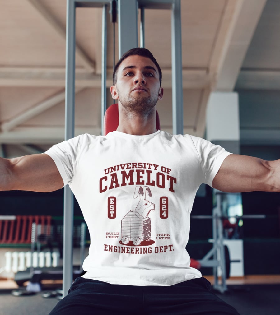 University Of Camelot Engineering Dept Build First Think Later Wooden Trojan Rabbit Wheels Est 524 T-Shirt