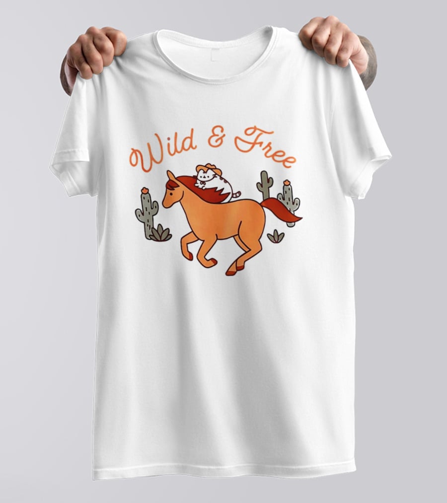 Wild And Free Cartoon Cowboy Cat Galloping Horse Cactus Scene T-Shirt
