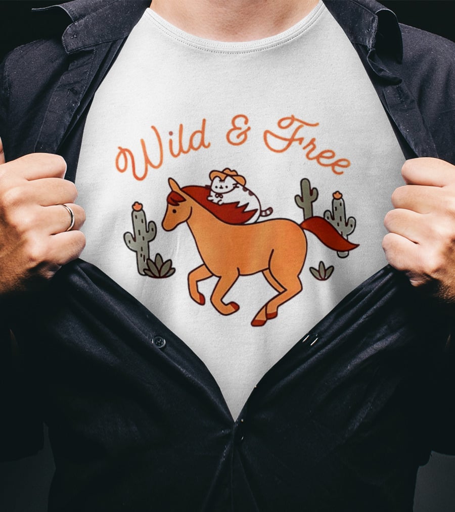Wild And Free Cartoon Cowboy Cat Galloping Horse Cactus Scene T-Shirt