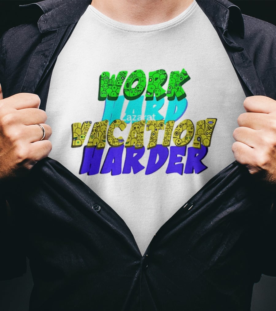 Work Hard Vacation Harder Emoji Patterned Colorful T-Shirt