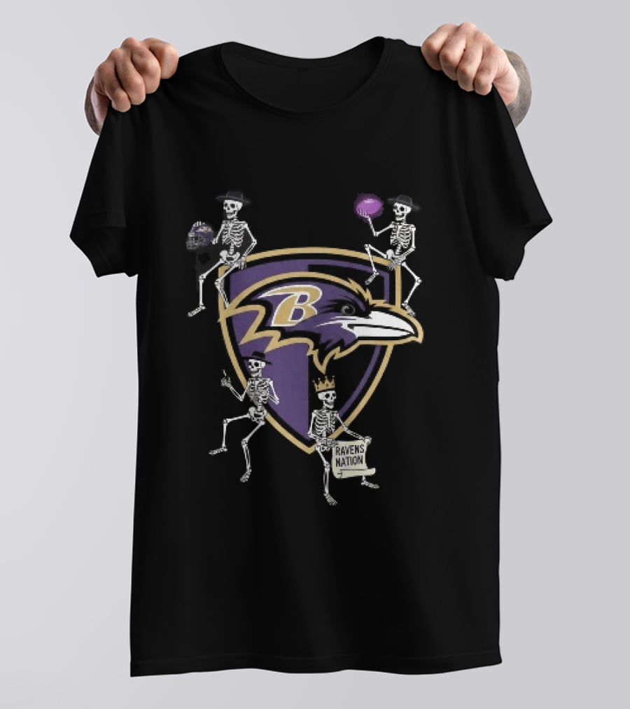 Baltimore Ravens Nation Skeletons Football Helmet Shield Ravens Logo Halloween T-Shirt