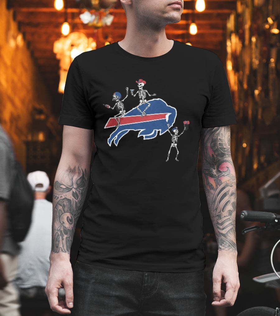 Buffalo Bills Skeletons Riding Logo With Cowboy Hats And Footballs T-Shirt