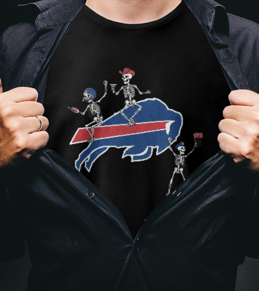 Buffalo Bills Skeletons Riding Logo With Cowboy Hats And Footballs T-Shirt