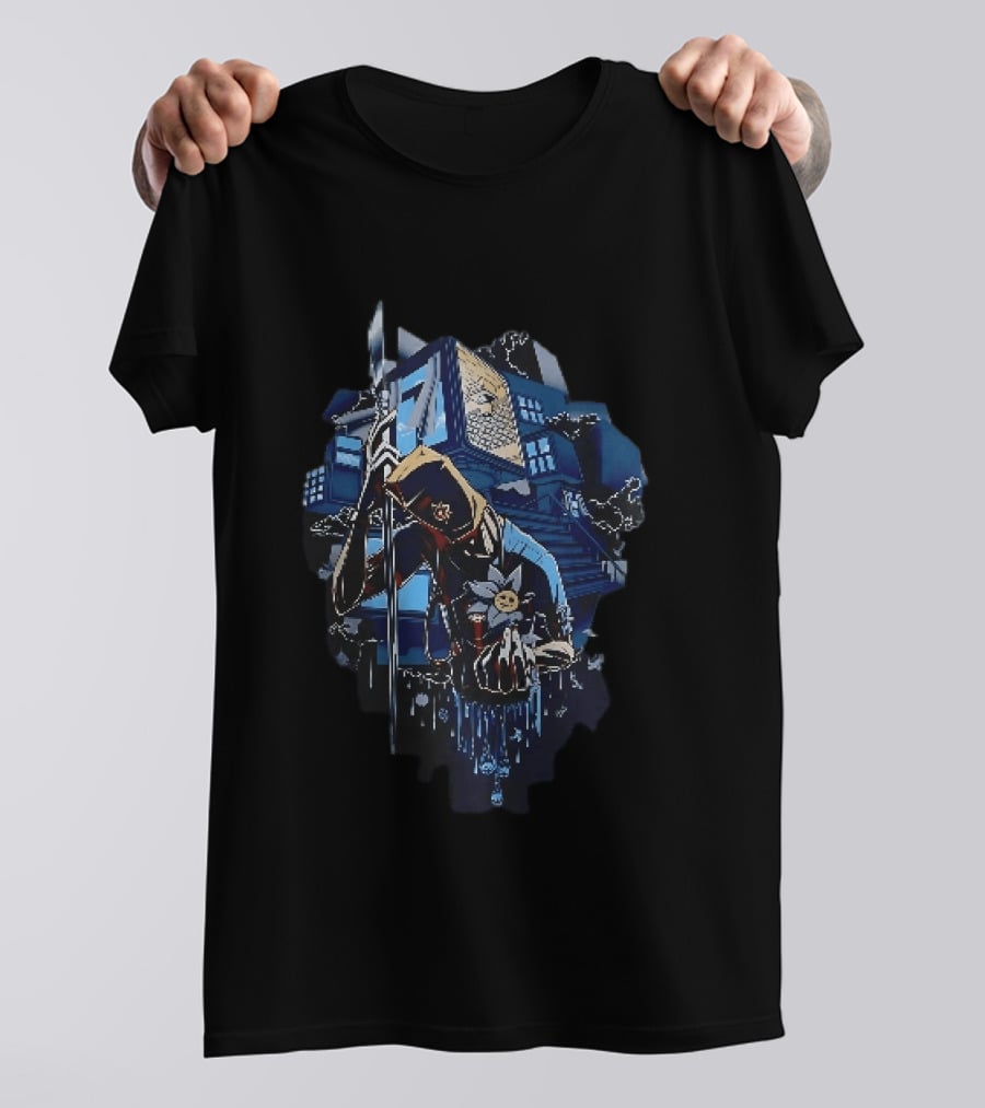 Masked Figure With Spear And Smiling Flower By Mysterious Floating House T-Shirt