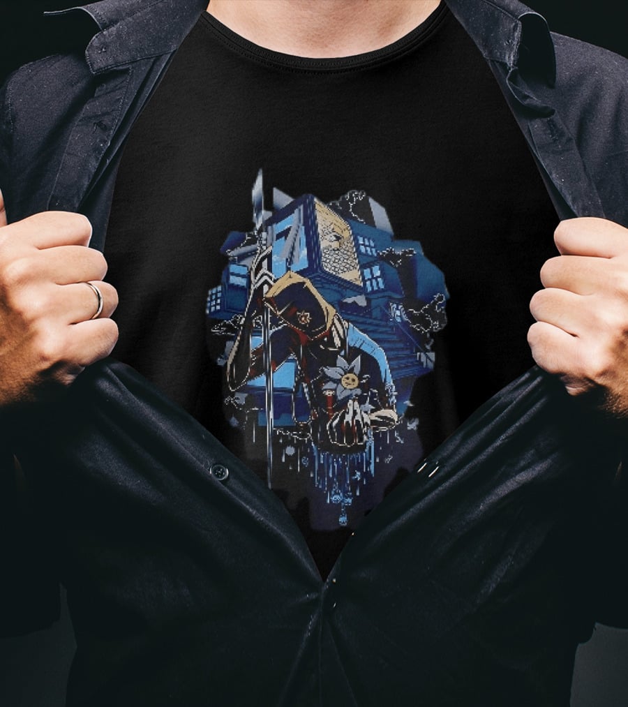 Masked Figure With Spear And Smiling Flower By Mysterious Floating House T-Shirt