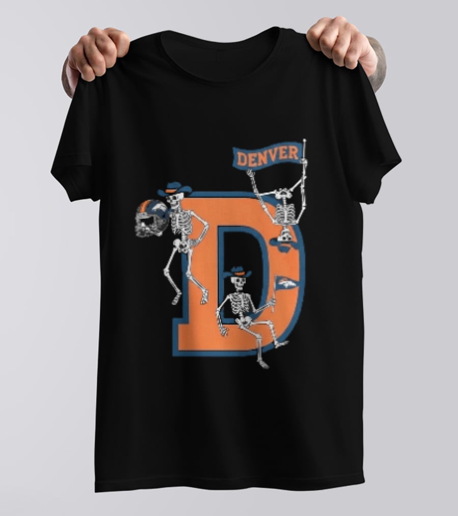 Denver Broncos Skeletons Cowboy Hats Big D Helmet Flag Orange T-Shirt