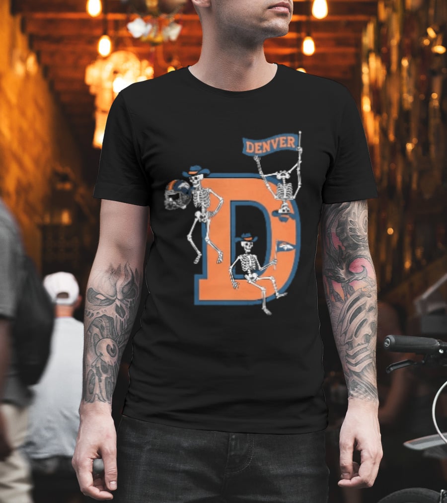 Denver Broncos Skeletons Cowboy Hats Big D Helmet Flag Orange T-Shirt