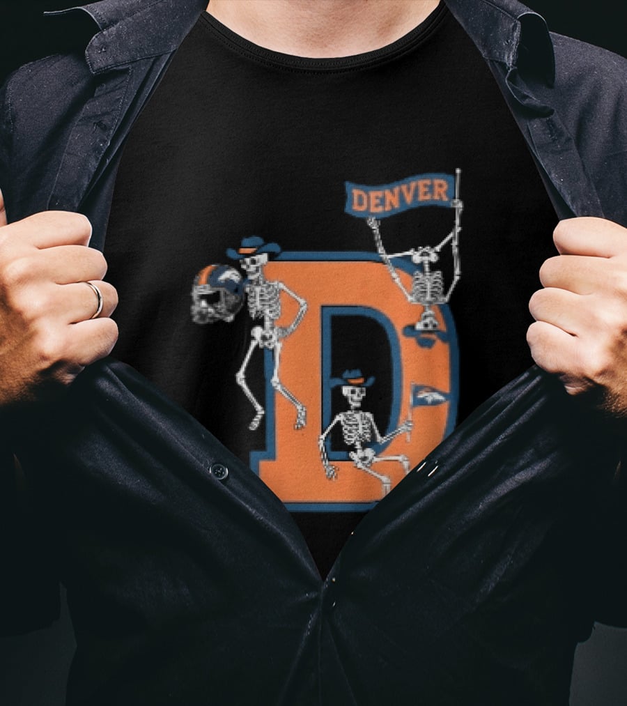 Denver Broncos Skeletons Cowboy Hats Big D Helmet Flag Orange T-Shirt