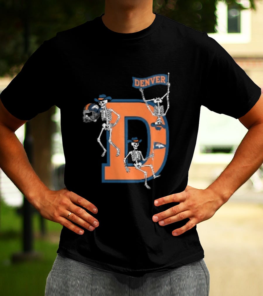 Denver Broncos Skeletons Cowboy Hats Big D Helmet Flag Orange T-Shirt