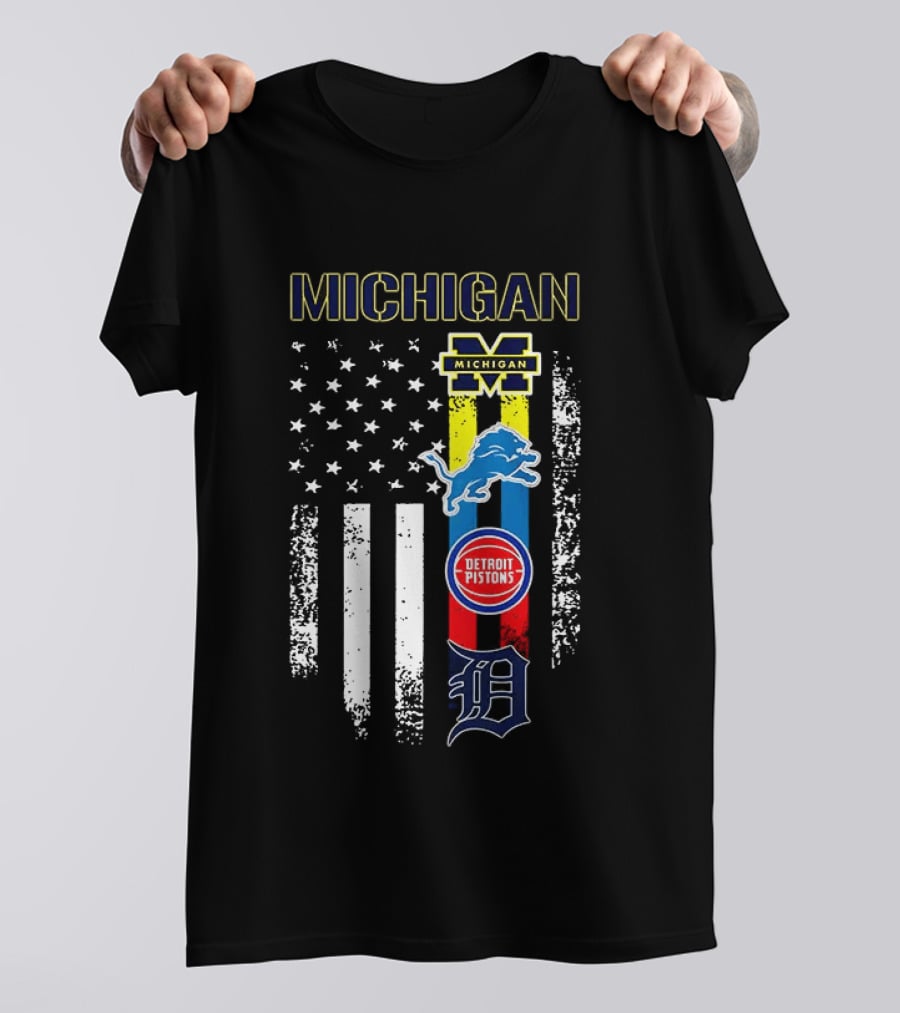 Michigan Wolverines Detroit Lions Pistons Tigers Flag T-Shirt