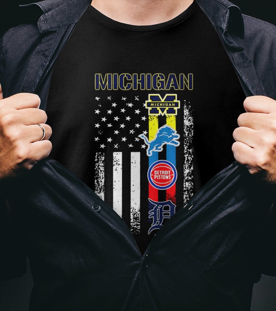 Michigan Wolverines Detroit Lions Pistons Tigers Flag T-Shirt