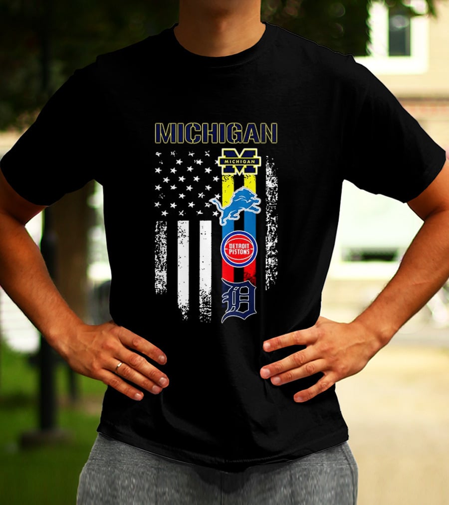 Michigan Wolverines Detroit Lions Pistons Tigers Flag T-Shirt