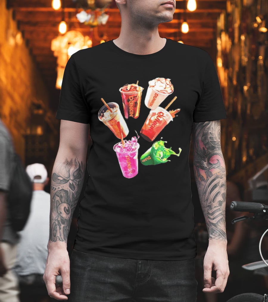 Dunkin Colorful Iced Coffee Beverages Splash With Straws T-Shirt