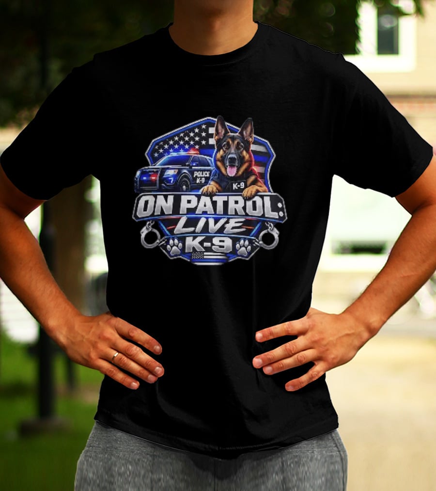 On Patrol Live K 9 German Shepherd Police Dog Badge American Flag T-Shirt