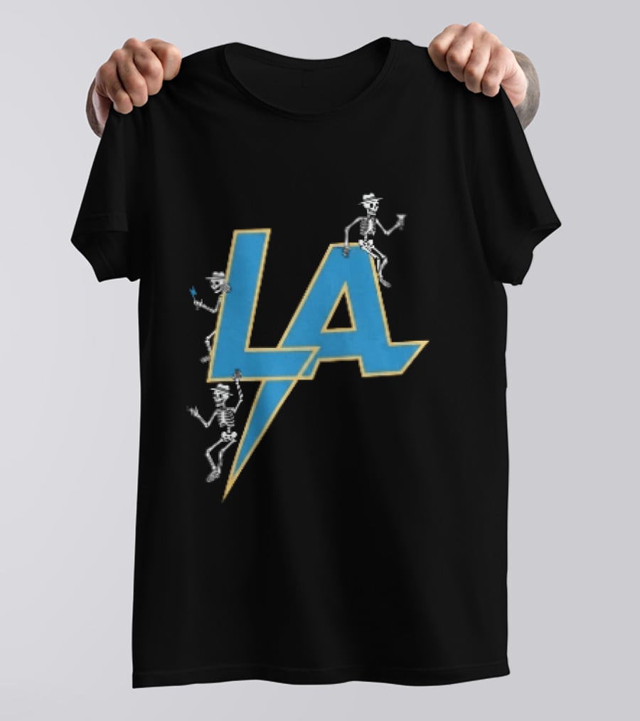 Los Angeles Chargers Skeletons On LA Lettering With Lightning Bolt T-Shirt
