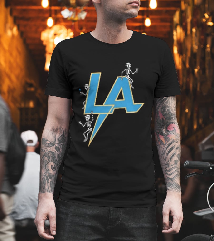 Los Angeles Chargers Skeletons On LA Lettering With Lightning Bolt T-Shirt