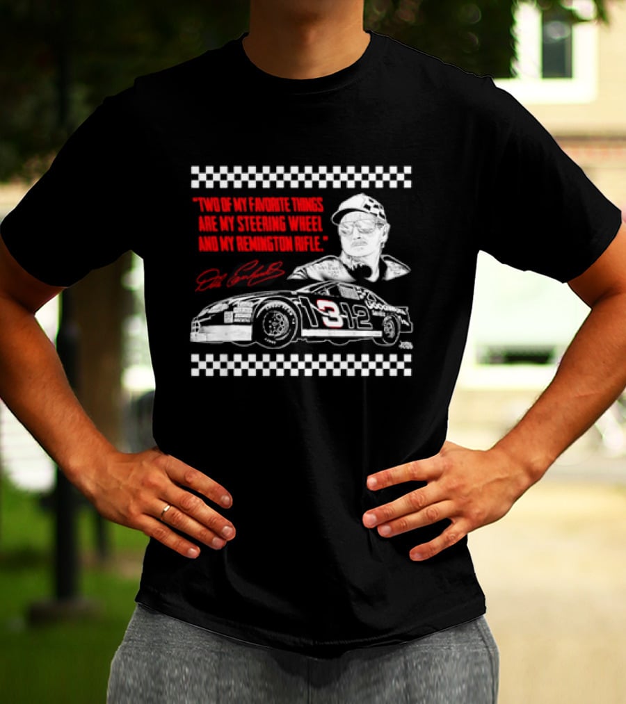 Two Of My Favorite Things Are My Steering Wheel And My Remington Rifle Racing Car 3 Checkered Flag T-Shirt
