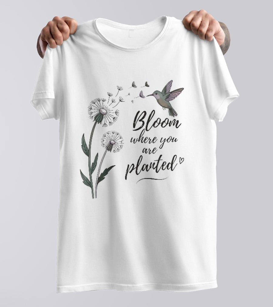 Bloom Where You Are Planted Hummingbird Dandelion Seeds Heart Sketch T-Shirt