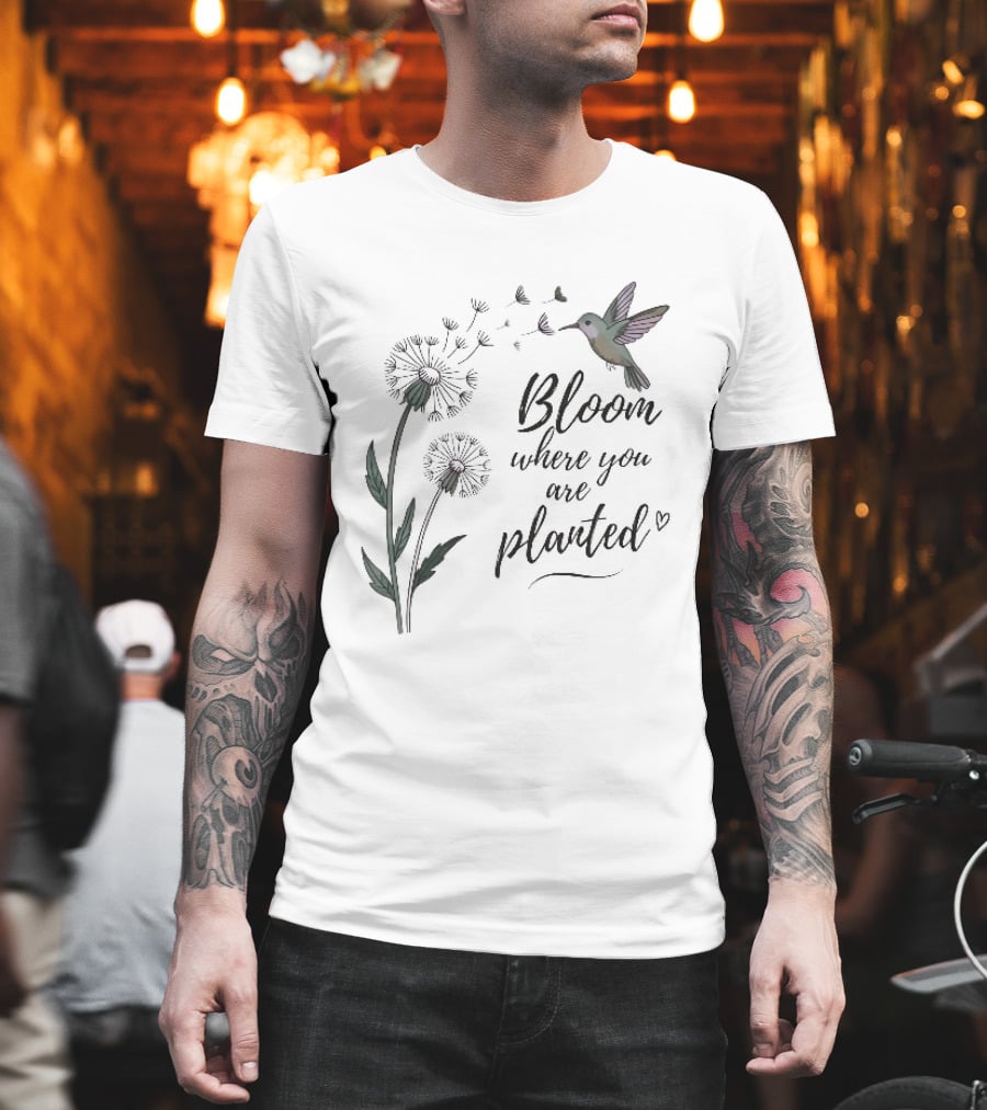 Bloom Where You Are Planted Hummingbird Dandelion Seeds Heart Sketch T-Shirt