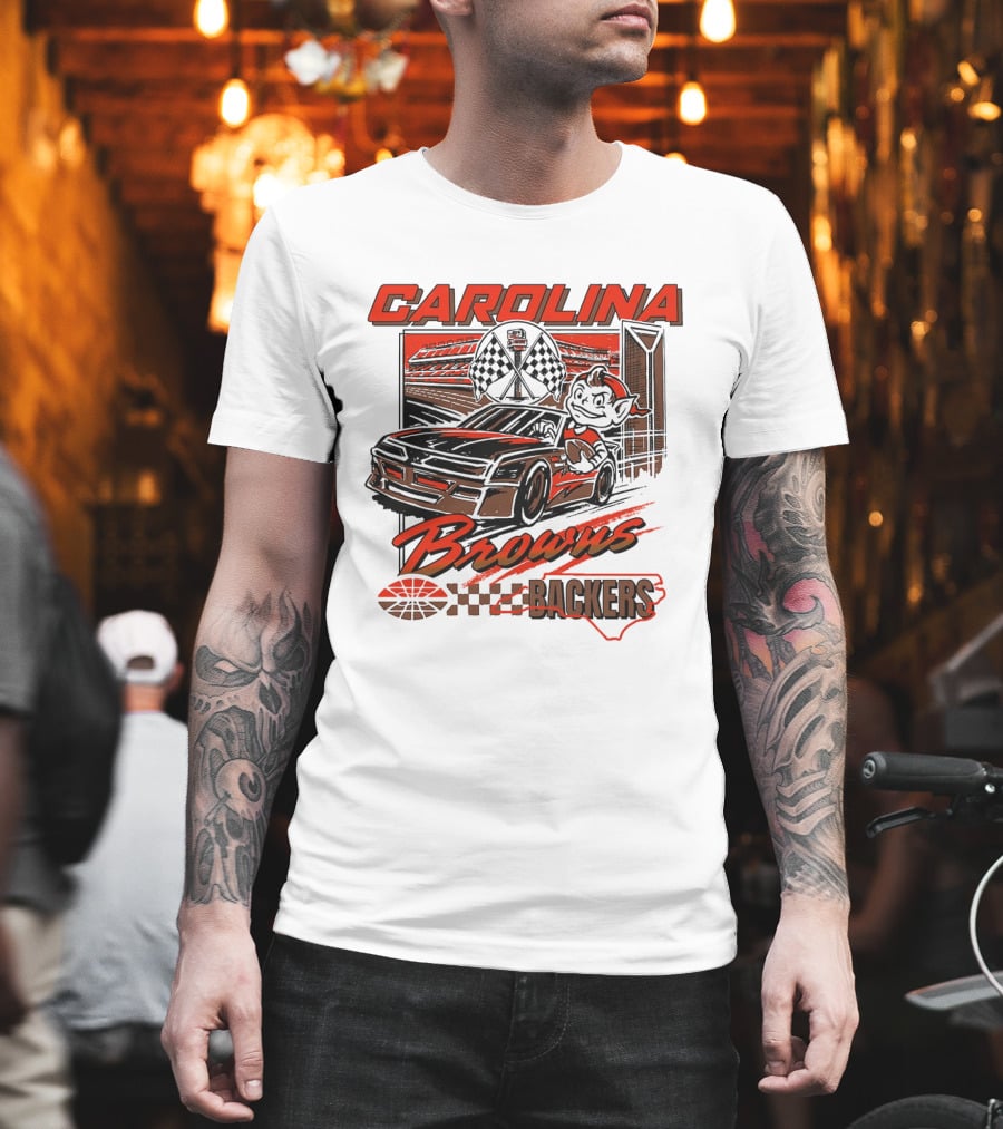 Carolina Browns Backers Racing Stadium Elf Car Checked Flag T-Shirt