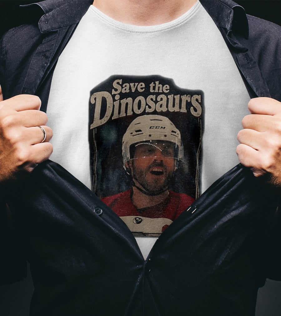 Connor Storrie Wearing Scott Hunter Save The Dinosaurs CCM Hockey T-Shirt