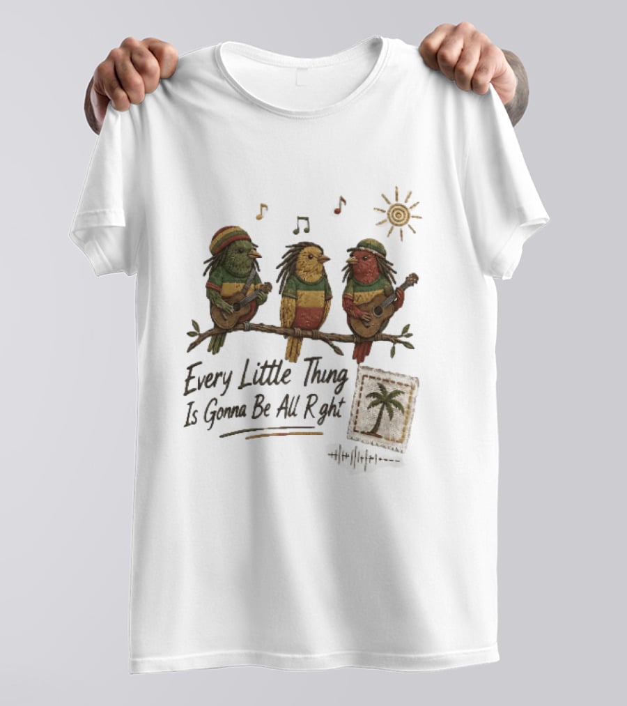 Every Little Thing Is Gonna Be All Right Reggae Birds Guitar Sunshine Palm Stamp Music Notes T-Shirt