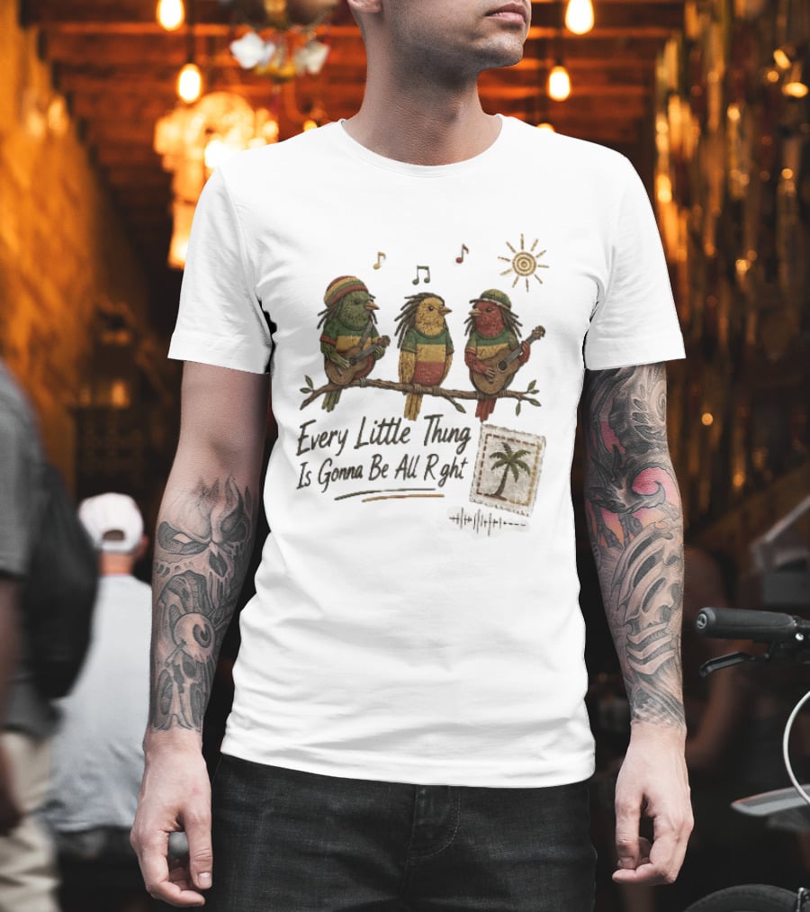 Every Little Thing Is Gonna Be All Right Reggae Birds Guitar Sunshine Palm Stamp Music Notes T-Shirt