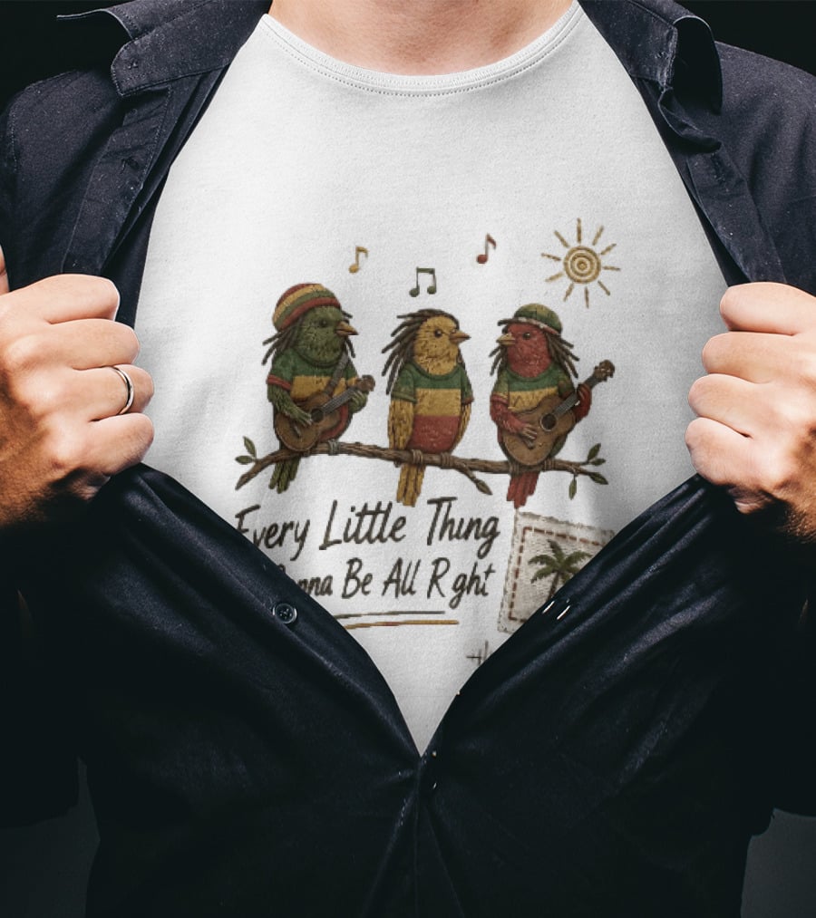 Every Little Thing Is Gonna Be All Right Reggae Birds Guitar Sunshine Palm Stamp Music Notes T-Shirt