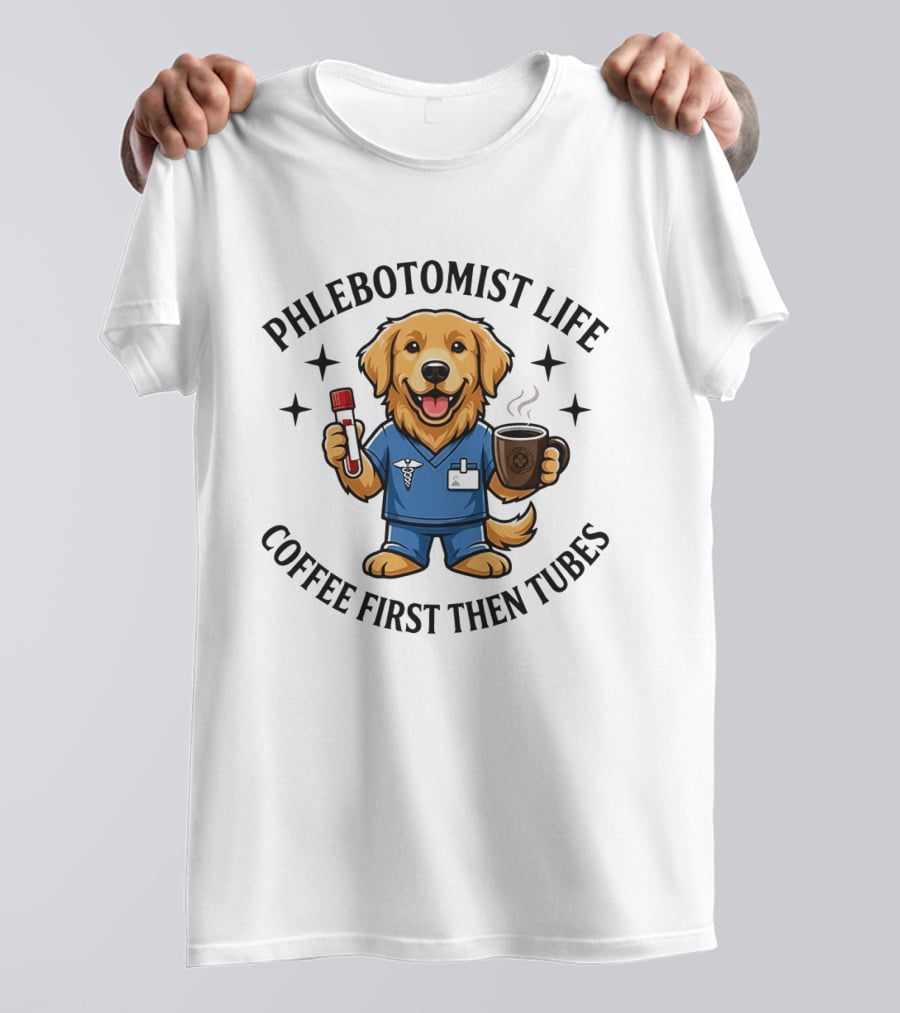 Phlebotomist Life Coffee First Then Tubes Dog Holding Coffee Cup And Blood Sample Tube T-Shirt