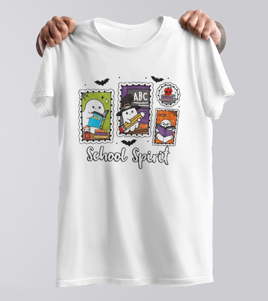 School Spirit Ghosts Holding Books Halloween Postage Stamps ABC Bats T-Shirt