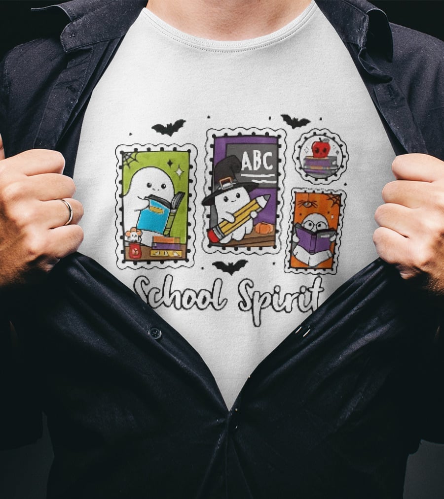 School Spirit Ghosts Holding Books Halloween Postage Stamps ABC Bats T-Shirt
