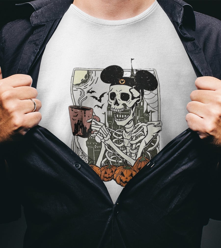 Spooky Skeleton With Coffee Mouse Ears Pumpkins Bats Halloween 2026 T-Shirt