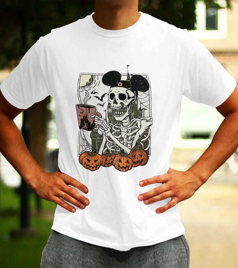 Spooky Skeleton With Coffee Mouse Ears Pumpkins Bats Halloween 2026 T-Shirt