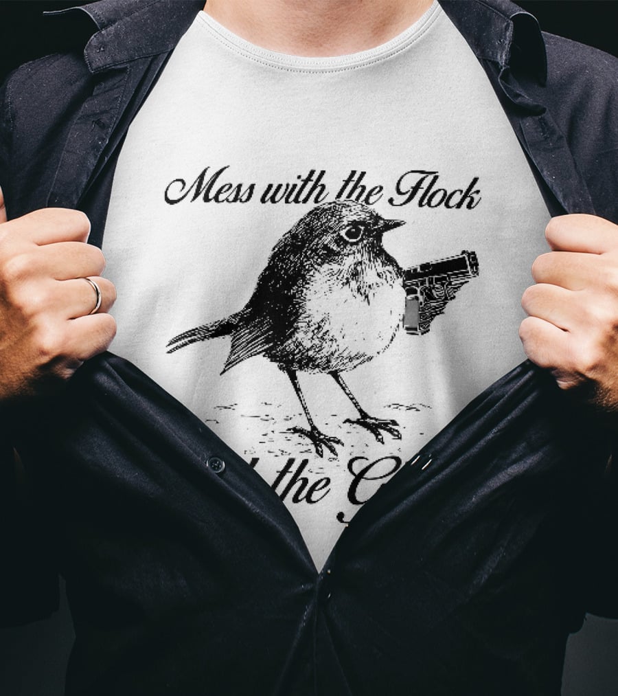 Mess With The Flock Get The Glock Bird Holding Handgun Sketch T-Shirt