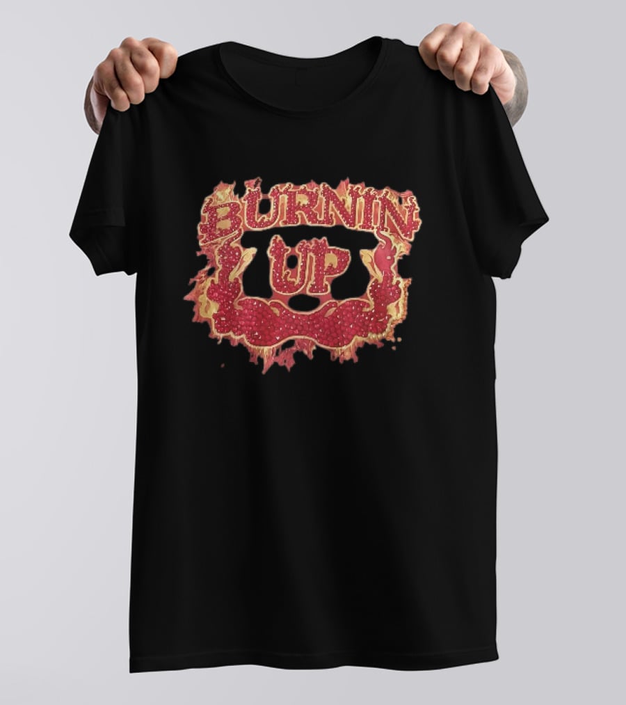 Burnin Up Red Rhinestone Gemstone Lettering Flaming Crest Frame Fiery T-Shirt