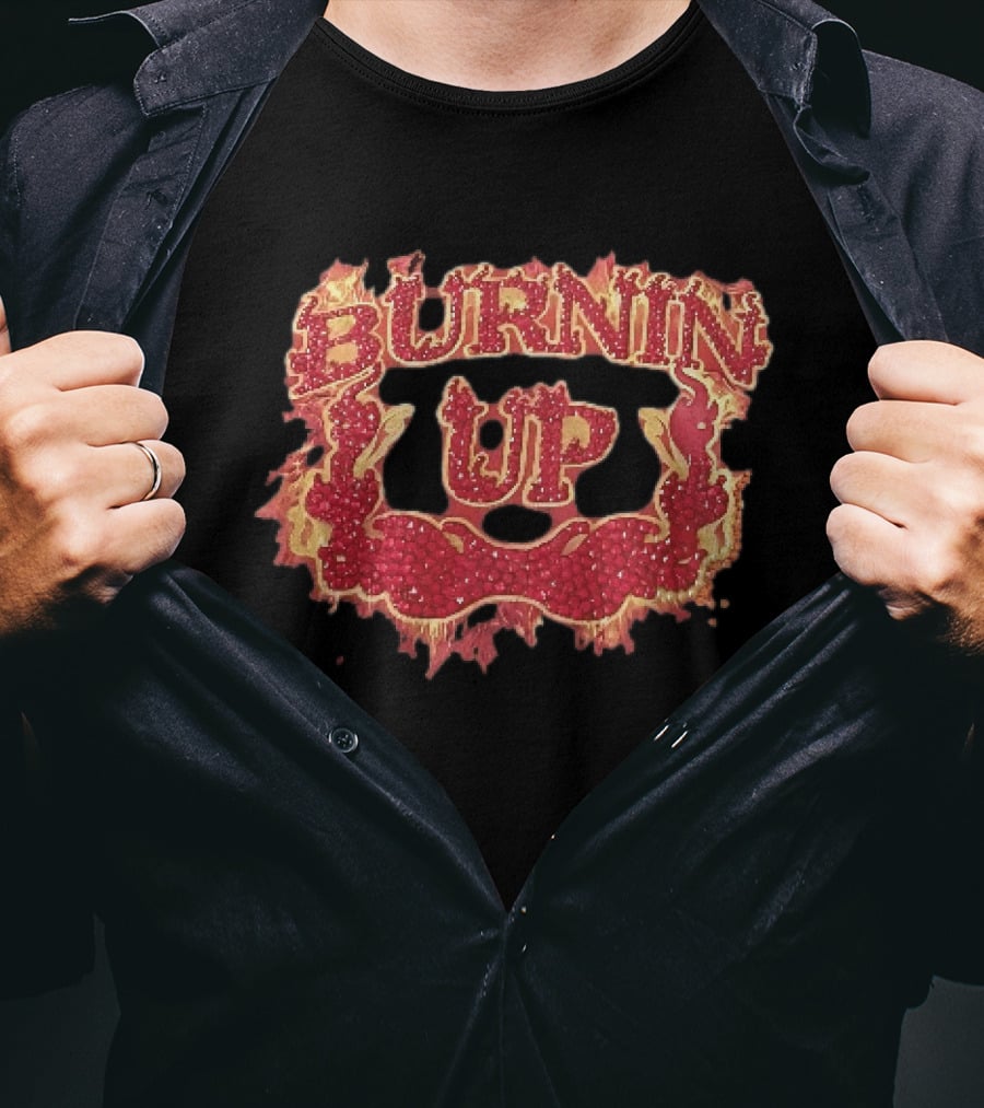 Burnin Up Red Rhinestone Gemstone Lettering Flaming Crest Frame Fiery T-Shirt