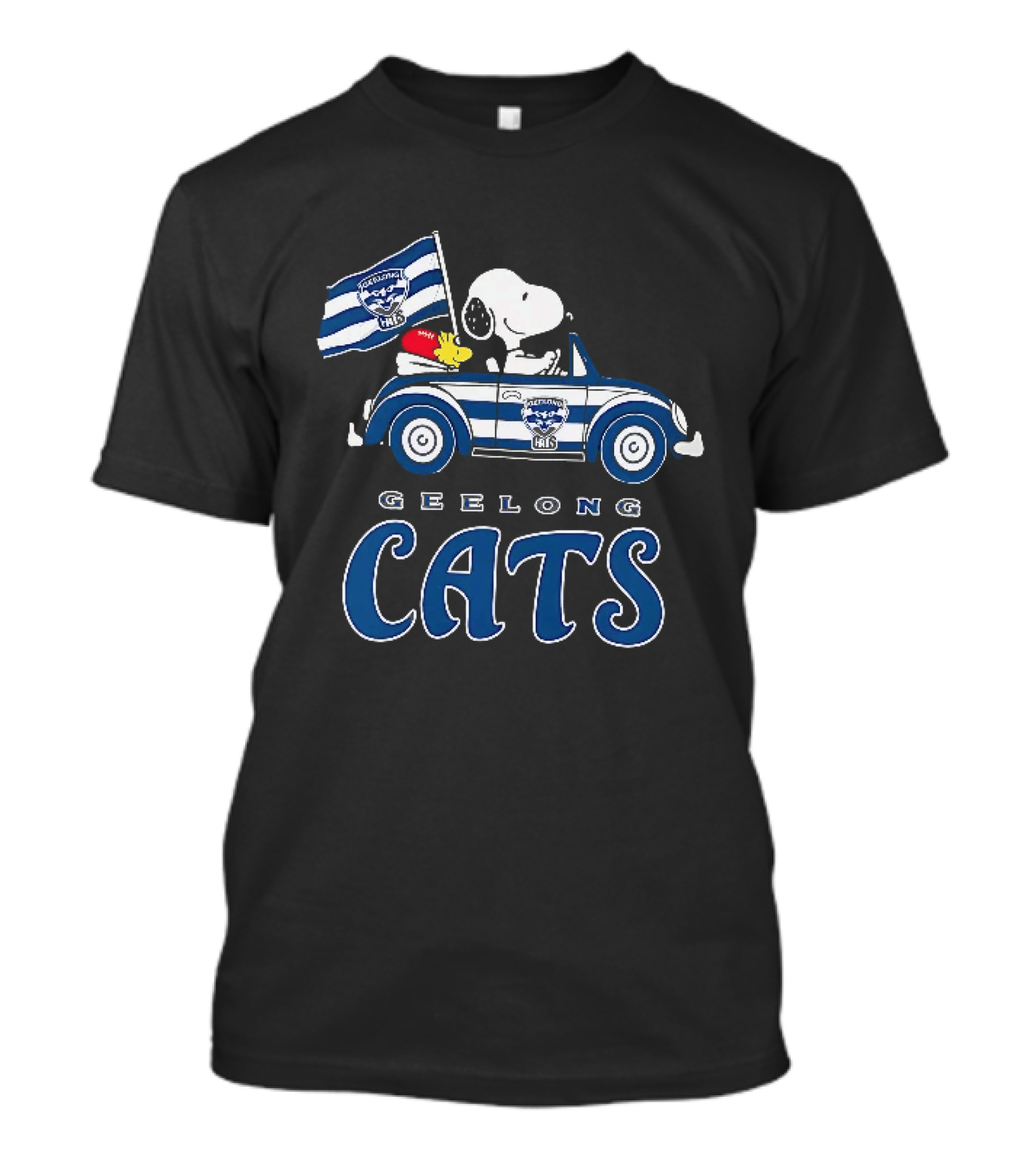 Geelong Cats Snoopy Woodstock Driving With Flag T-Shirt