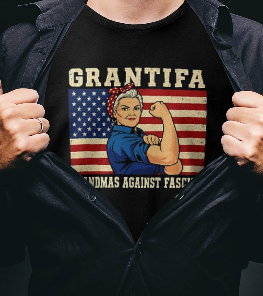 Grantifa Grandmas Against Fascism Rosie Riveter USA Flag T-Shirt