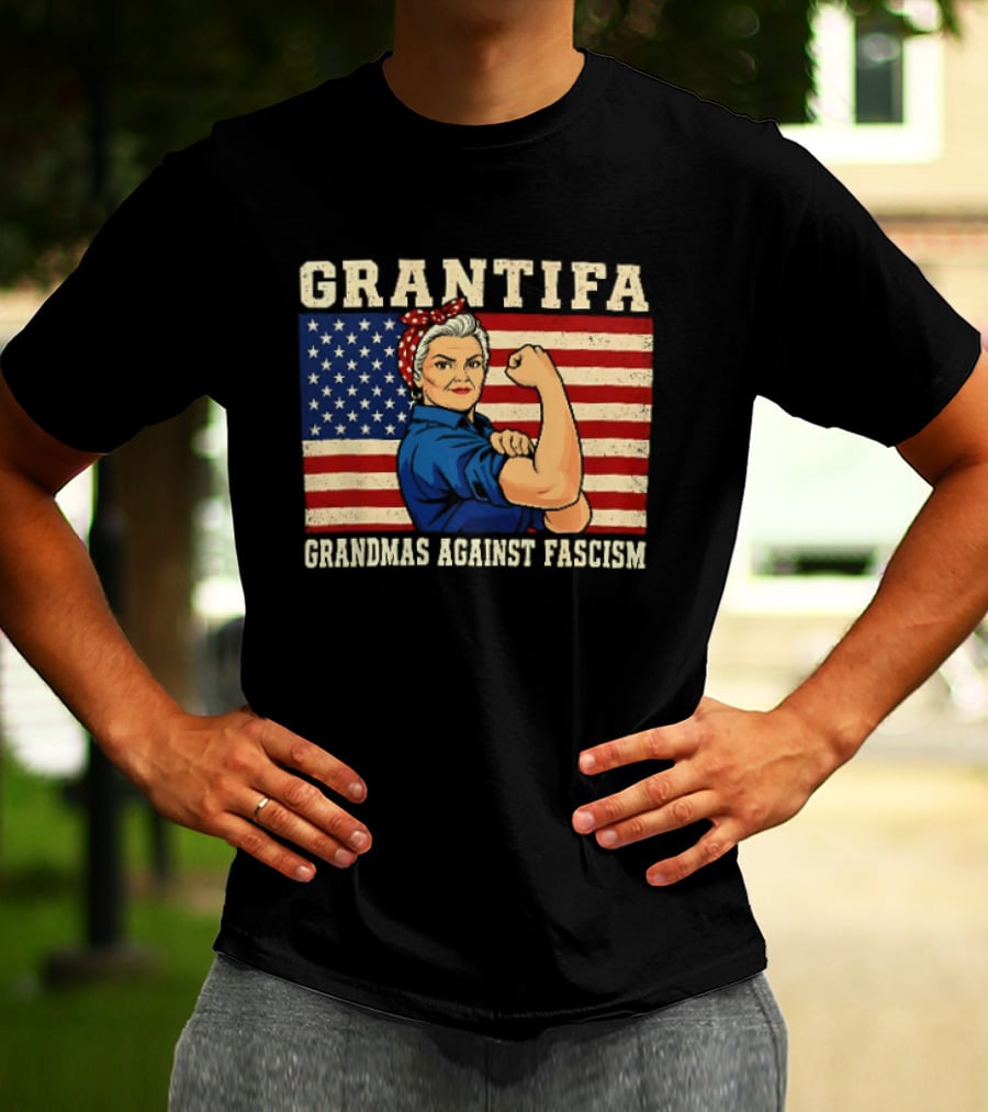 Grantifa Grandmas Against Fascism Rosie Riveter USA Flag T-Shirt