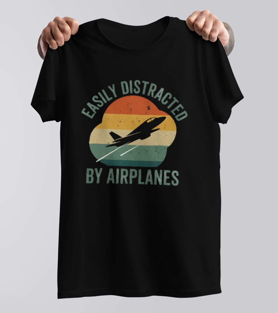 Easily Distracted By Airplanes Retro Jet Vintage Stripes T-Shirt