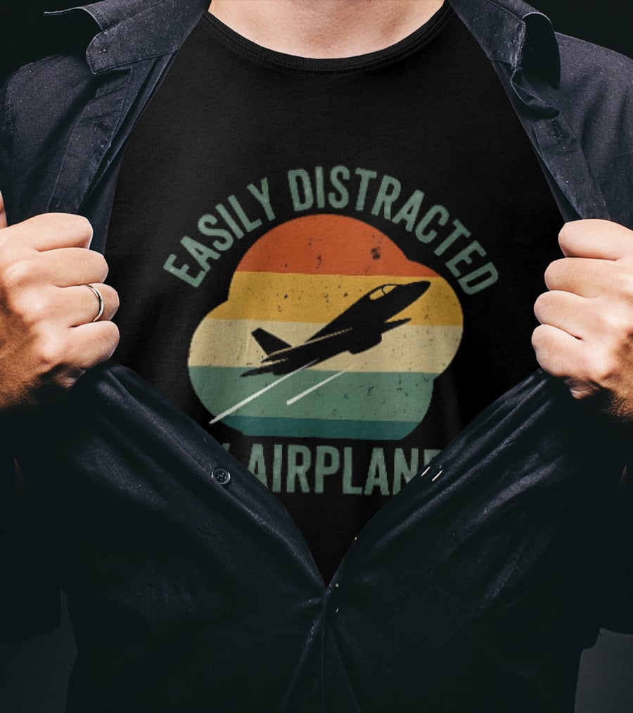 Easily Distracted By Airplanes Retro Jet Vintage Stripes T-Shirt