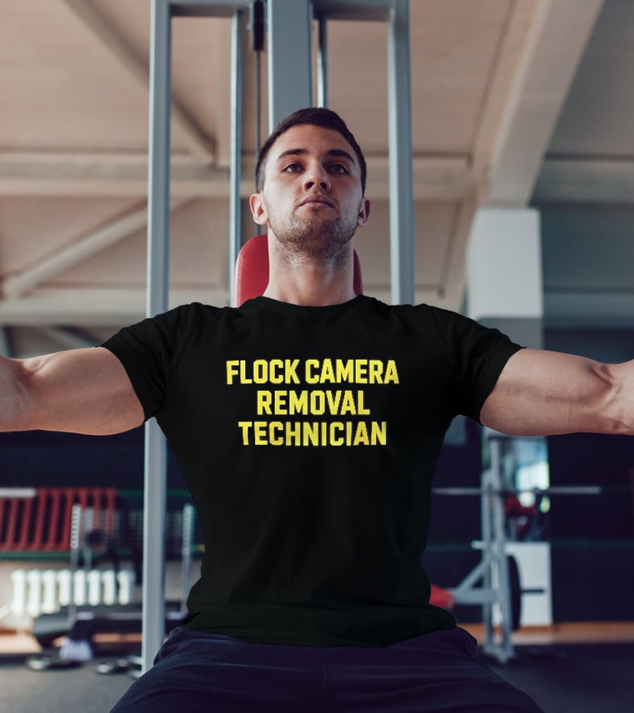Flock Camera Removal Technician Yellow Varsity Block T-Shirt