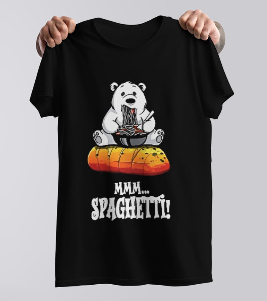Mmm Spaghetti Cartoon Polar Bear Enjoying Pasta On Garlic Bread T-Shirt