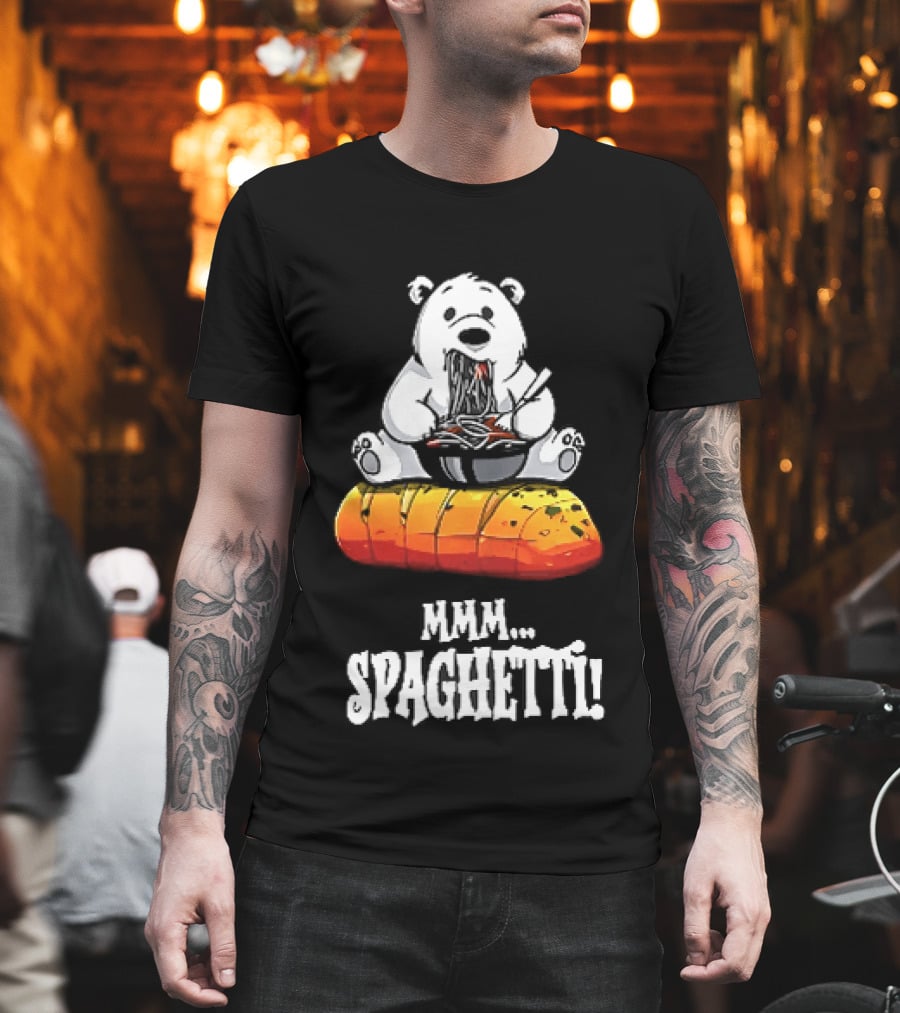 Mmm Spaghetti Cartoon Polar Bear Enjoying Pasta On Garlic Bread T-Shirt