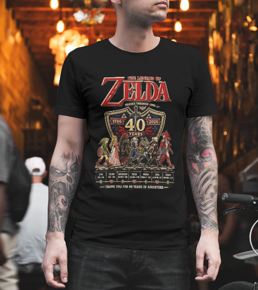 The Legend Of Zelda Heroes Through Time 1986 2026 40 Years Thank You For 40 Years Of Adventure Link Zelda Ganondorf Sheik Midna Impa Sidon T-Shirt