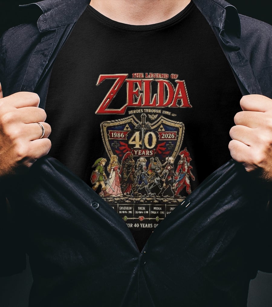 The Legend Of Zelda Heroes Through Time 1986 2026 40 Years Thank You For 40 Years Of Adventure Link Zelda Ganondorf Sheik Midna Impa Sidon T-Shirt